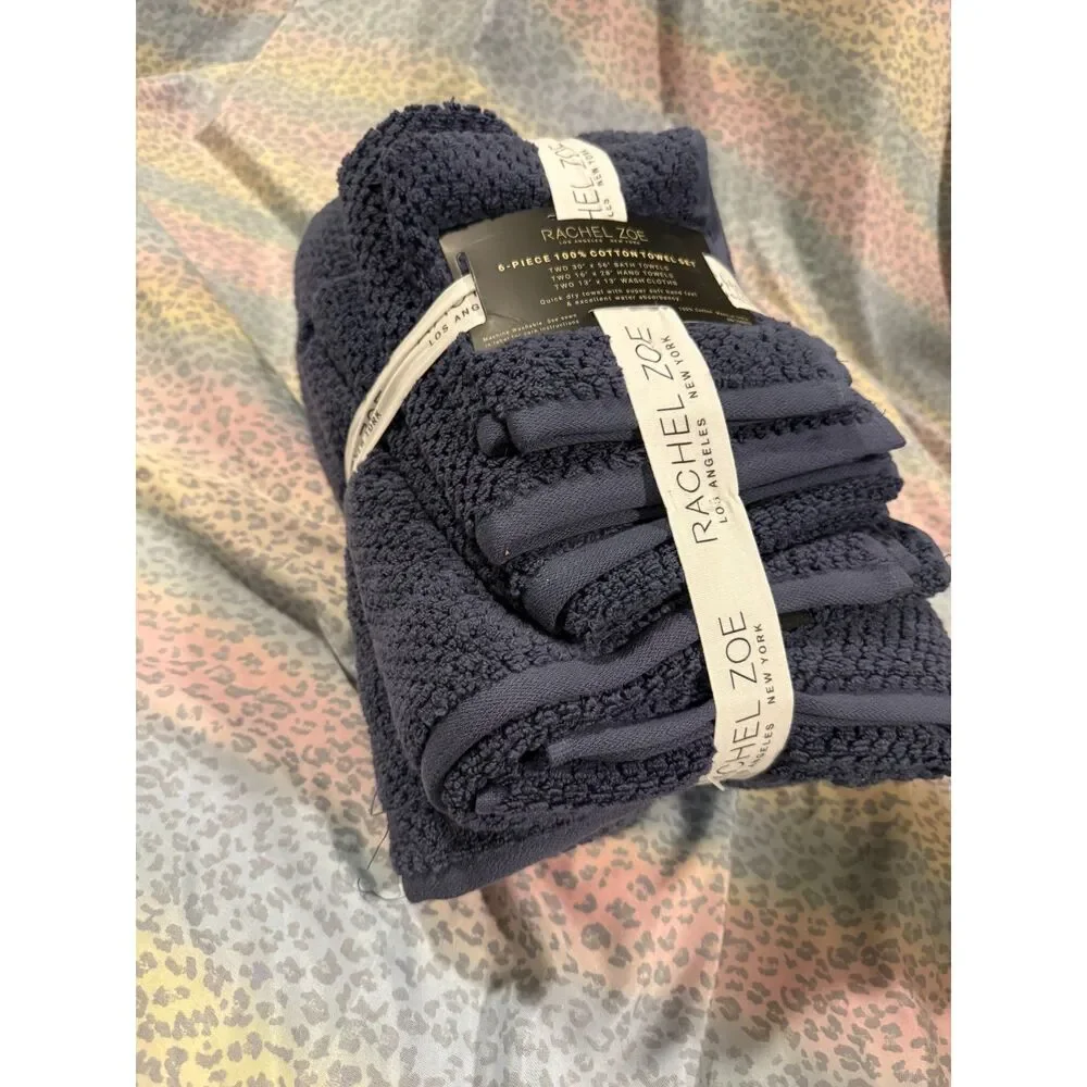 Rachel Zoe 6-Piece 100% Cotton Towel Set Neutral navy BLUE BNWT